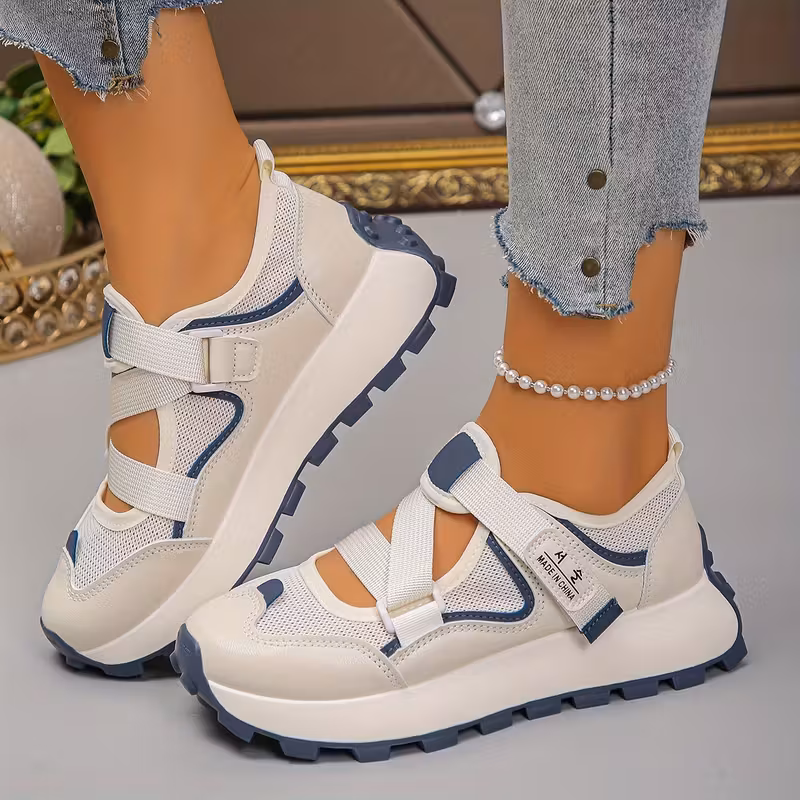 Beige Women’s Summer Mesh Slip-On Sneakers – Lightweight, Breathable Shoes with Hook-and-Loop Straps