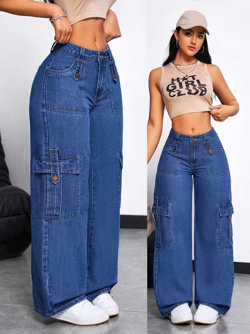 Women’s High-Waisted Wide-Leg Jeans – Stretch Denim, Multi-Pocket, Light Blue Wash, Casual Streetwear Fit