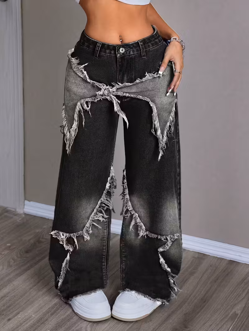 Women's Loose Fit Jeans – Unique Design Denim Pants Without Belt, Casual Straight-Leg Style