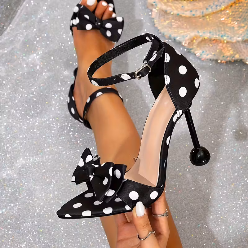 Women’s Polka Dot Stiletto Heels – Pointed Toe, Bow Accent, Ankle Strap, Open Toe Dress Shoes