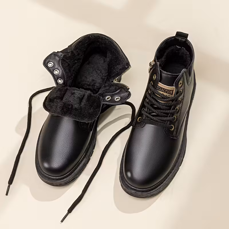 Black Fleece Men's Vintage Lace-Up Boots with Side Zipper, Non-Slip Wear-Resistant All-Season Casual Boots