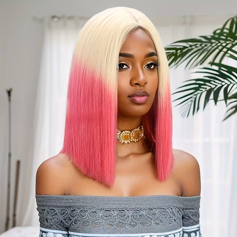 Women’s Ombre Blonde to Pink Bob Wig – Straight Synthetic Hair with Rose Net Cap – Daily Wear & Cosplay Accessory