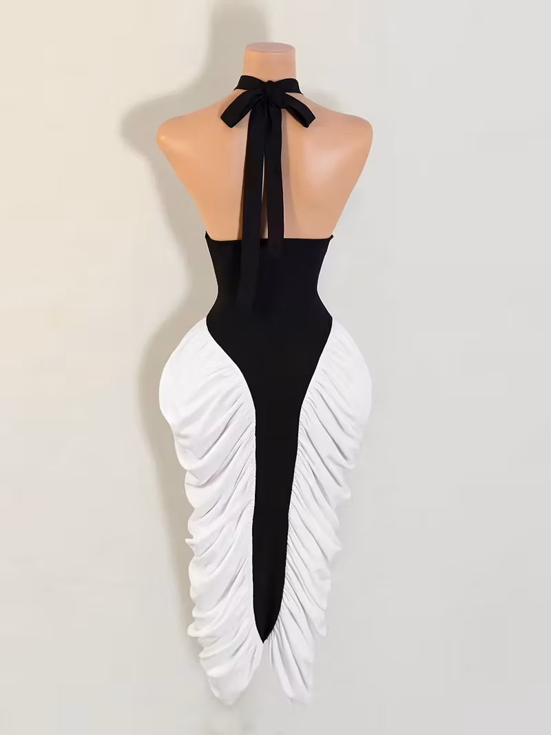 Women’s Vintage Sleeveless Stand Collar Dress – Black & White Contrast, Elegant Pleated Skirt, Office & Party Wear, Fall/Winter Formal Casual Outfit