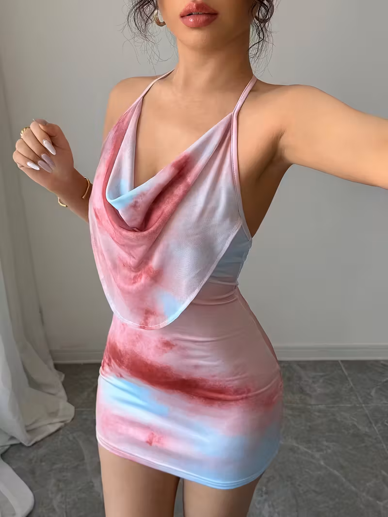 Women’s Sexy Elegant Tie-Dye Mini Dress – Sleeveless A-Line Party & Wedding Guest Dress, Available in Pink, Blue, Purple, Red, White, Black, Beige – Formal & Casual All-Season Outfit, Machine Washable