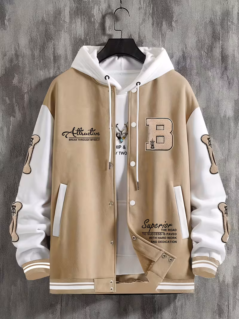 Men's Casual Bomber Jacket with 'B' Letter Logo, Snap Button Closure, Streetwear Coat for Autumn/Winter