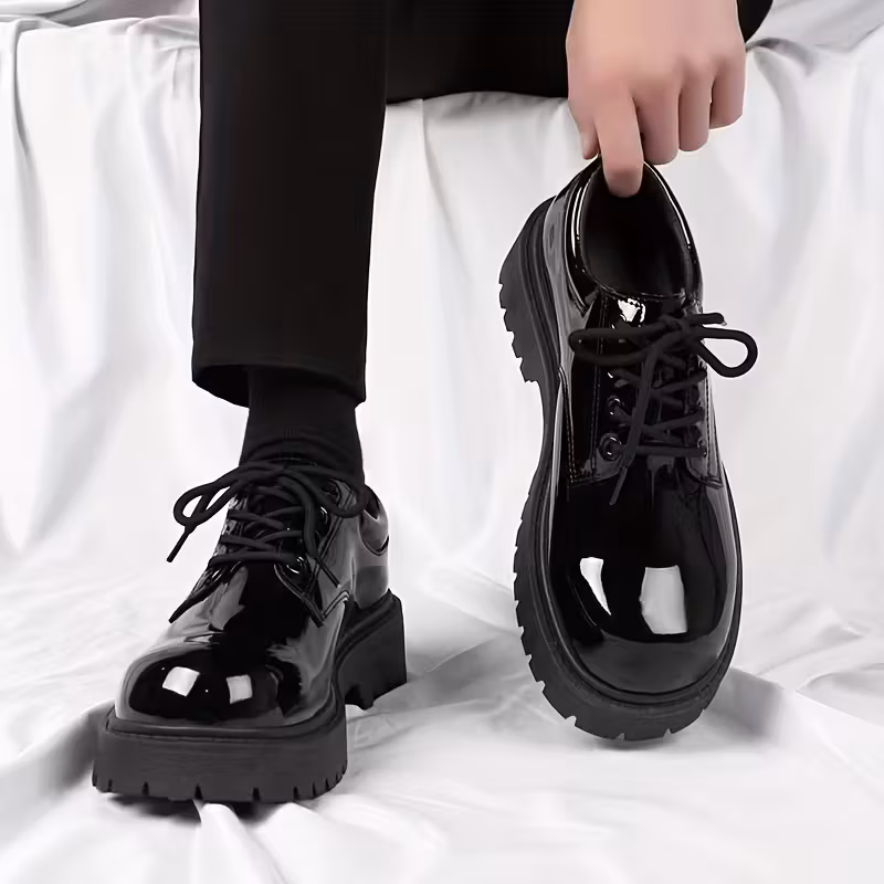 Men's Glossy Black Low-Top Lace-Up Shoes – Casual & Business Casual Dress Shoes with Thick Rubber Sole, Ideal for Office & Semi-Formal Wear
