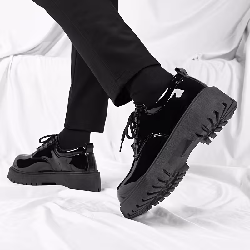 Men's Glossy Black Low-Top Lace-Up Shoes – Casual & Business Casual Dress Shoes with Thick Rubber Sole, Ideal for Office & Semi-Formal Wear