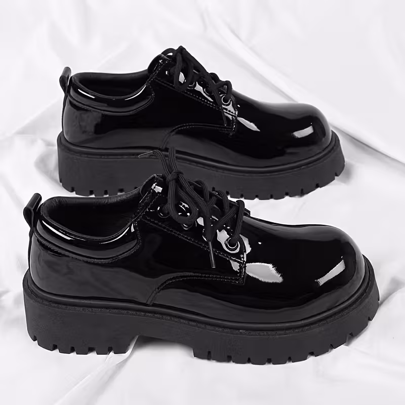 Men's Glossy Black Low-Top Lace-Up Shoes – Casual & Business Casual Dress Shoes with Thick Rubber Sole, Ideal for Office & Semi-Formal Wear