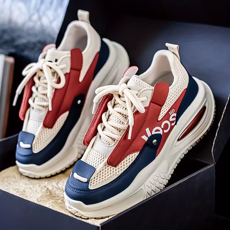 Men's Casual Sneakers – White & Brown Breathable Mesh with PU Upper, Cushioned PVC Sole – Lace-Up Low-Top Outdoor Shoes