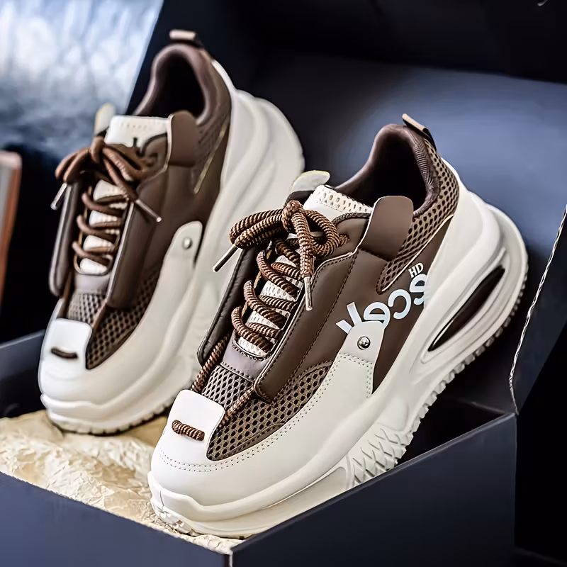 Men's Casual Sneakers – White & Brown Breathable Mesh with PU Upper, Cushioned PVC Sole – Lace-Up Low-Top Outdoor Shoes
