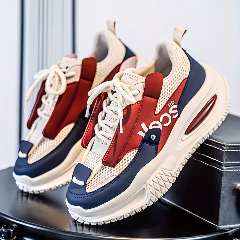 Men's Casual Sneakers – White & Brown Breathable Mesh with PU Upper, Cushioned PVC Sole – Lace-Up Low-Top Outdoor Shoes