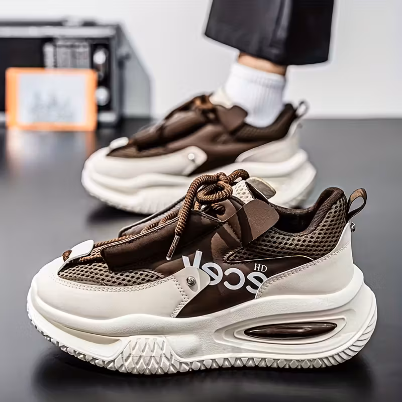 Men's Casual Sneakers – White & Brown Breathable Mesh with PU Upper, Cushioned PVC Sole – Lace-Up Low-Top Outdoor Shoes
