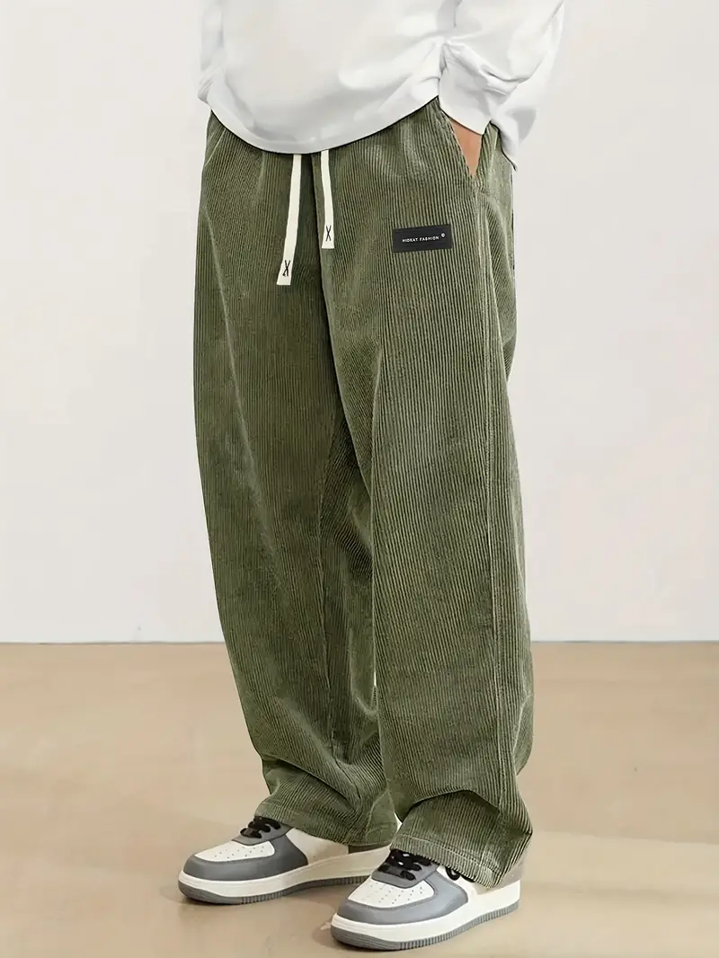 Men’s Green Corduroy Jogger Trousers – Relaxed Fit, Drawstring Waist, Straight Leg Casual Pants for Everyday Wear