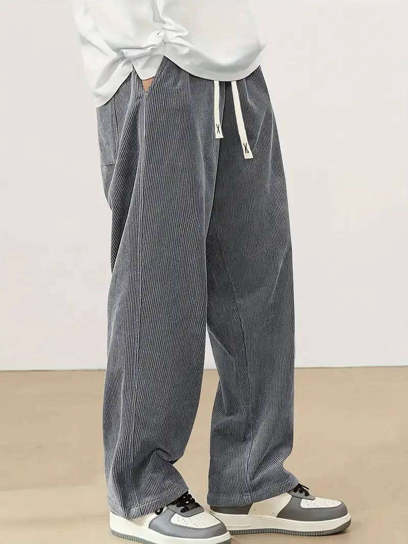 Men’s Green Corduroy Jogger Trousers – Relaxed Fit, Drawstring Waist, Straight Leg Casual Pants for Everyday Wear