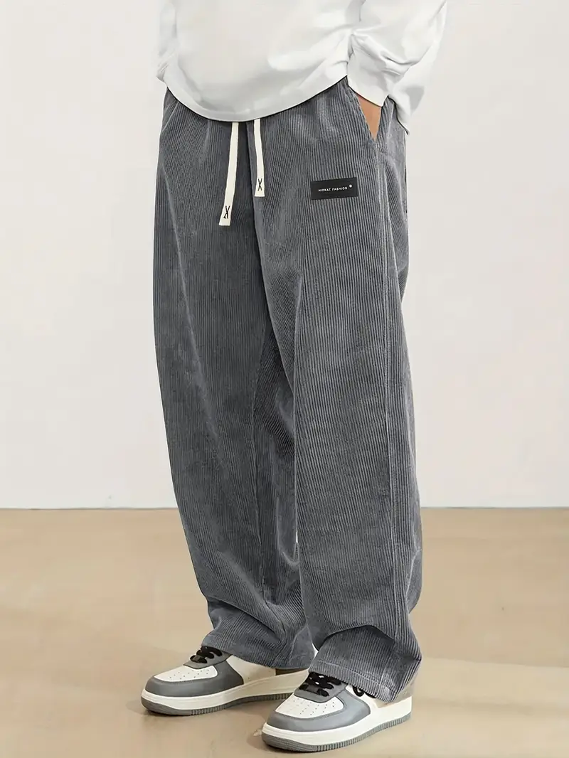 Men’s Green Corduroy Jogger Trousers – Relaxed Fit, Drawstring Waist, Straight Leg Casual Pants for Everyday Wear