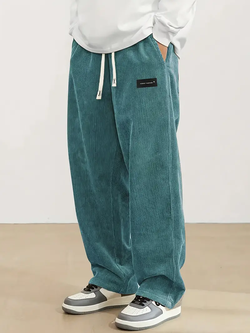 Men’s Green Corduroy Jogger Trousers – Relaxed Fit, Drawstring Waist, Straight Leg Casual Pants for Everyday Wear
