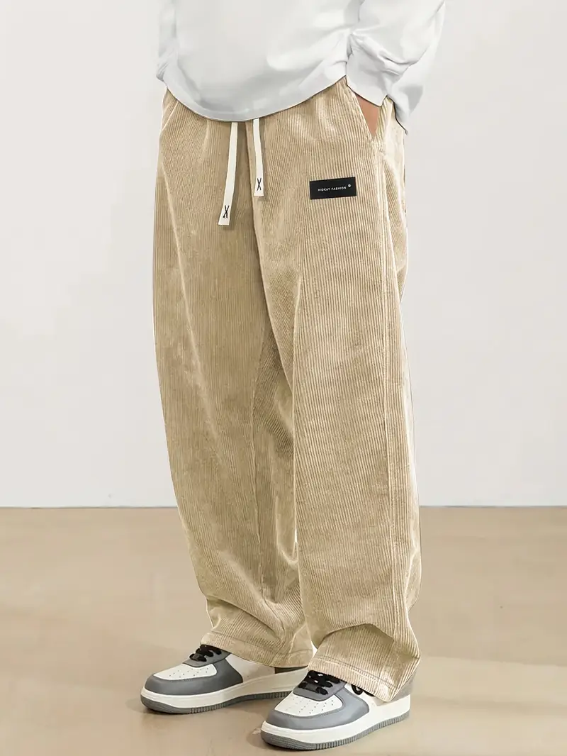 Men’s Green Corduroy Jogger Trousers – Relaxed Fit, Drawstring Waist, Straight Leg Casual Pants for Everyday Wear