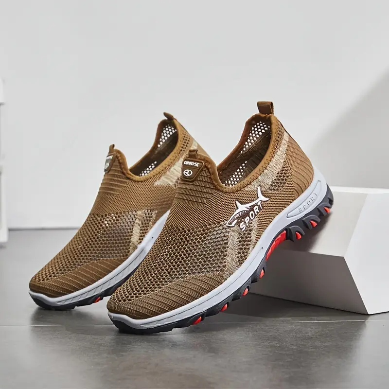 Men’s Lightweight Slip-On Sneakers – Breathable Fabric, Non-Slip Sole, Grey with Red Accents, Comfortable All-Season Casual Shoes for Daily Wear & Hiking (Plus Sizes Available)