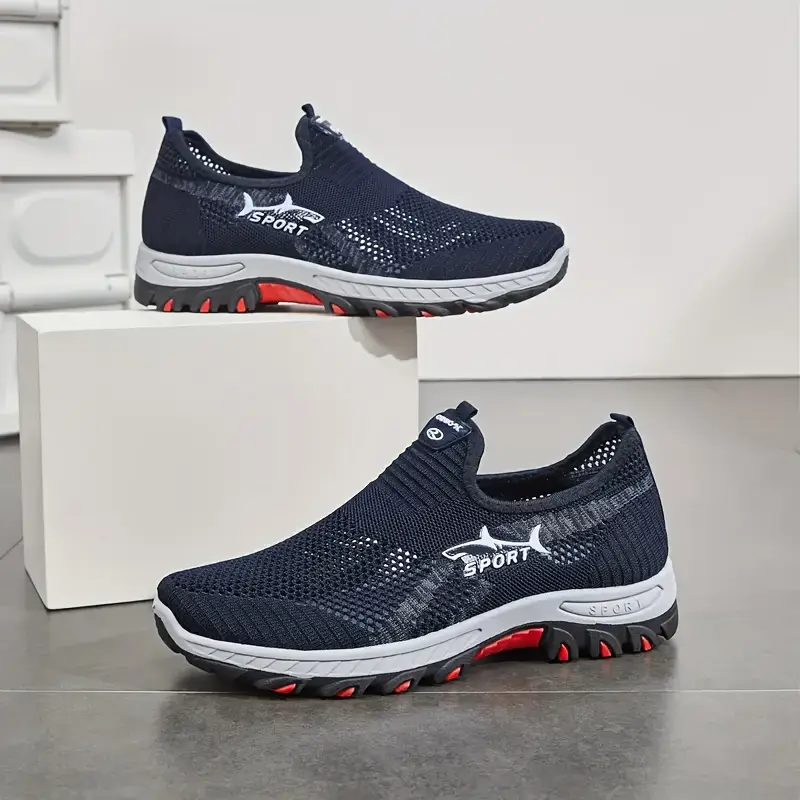 Men’s Lightweight Slip-On Sneakers – Breathable Fabric, Non-Slip Sole, Grey with Red Accents, Comfortable All-Season Casual Shoes for Daily Wear & Hiking (Plus Sizes Available)