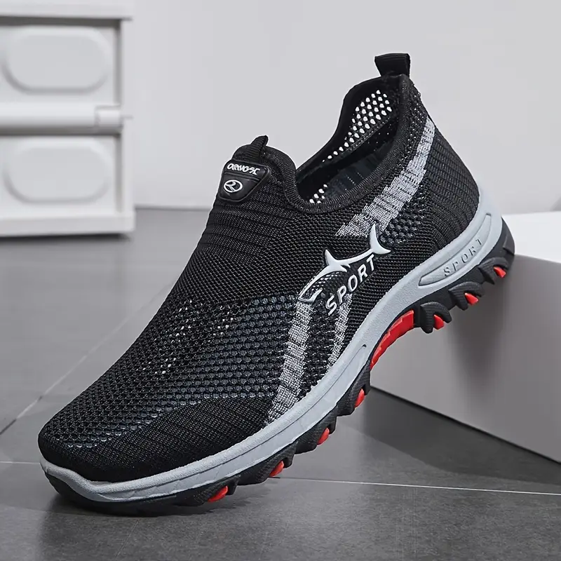 Men’s Lightweight Slip-On Sneakers – Breathable Fabric, Non-Slip Sole, Grey with Red Accents, Comfortable All-Season Casual Shoes for Daily Wear & Hiking (Plus Sizes Available)