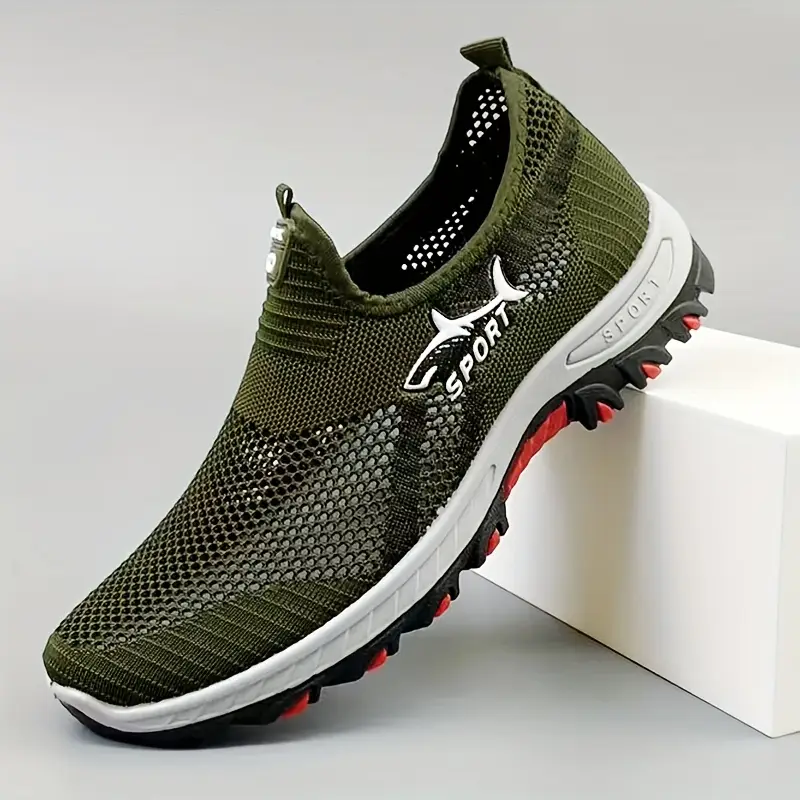 Men’s Lightweight Slip-On Sneakers – Breathable Fabric, Non-Slip Sole, Grey with Red Accents, Comfortable All-Season Casual Shoes for Daily Wear & Hiking (Plus Sizes Available)