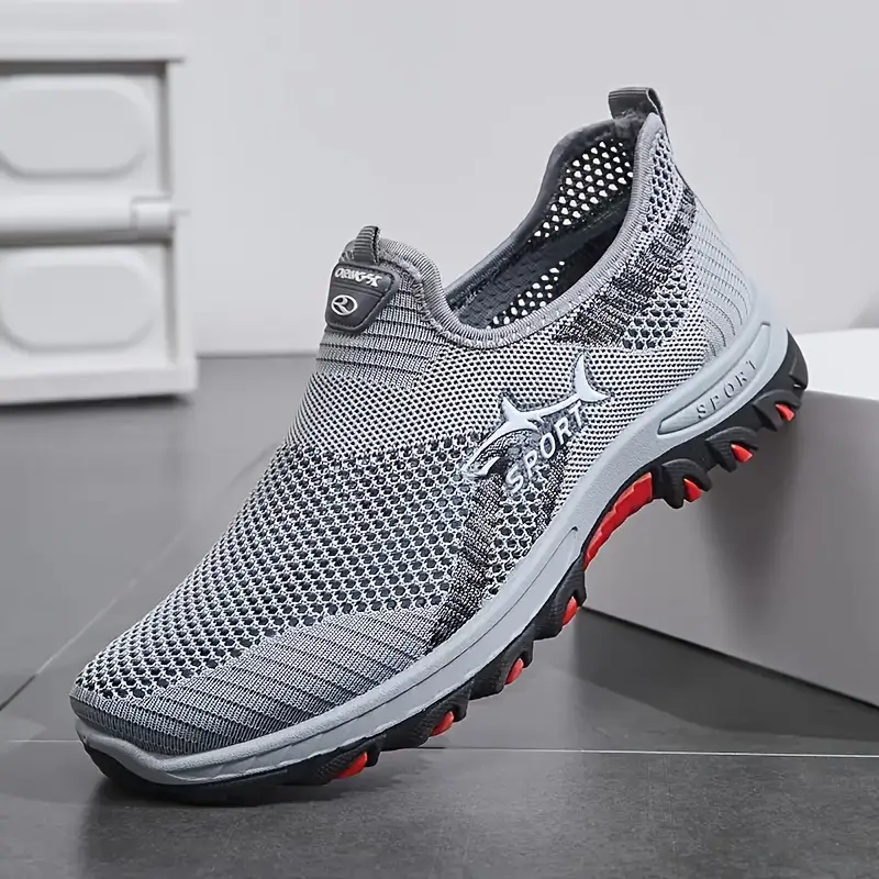 Men’s Lightweight Slip-On Sneakers – Breathable Fabric, Non-Slip Sole, Grey with Red Accents, Comfortable All-Season Casual Shoes for Daily Wear & Hiking (Plus Sizes Available)