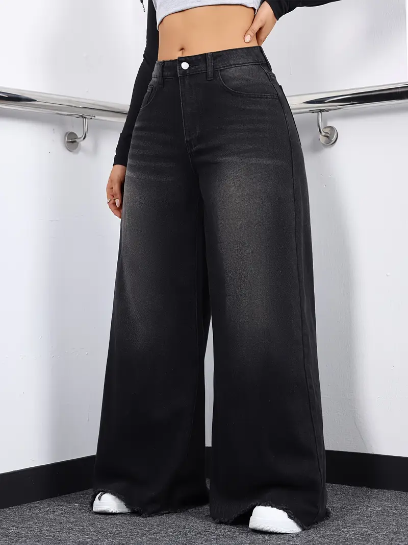 Women’s Black Flared Jeans – High-Waist Wide-Leg Denim with Raw Hem Detail, Non-Stretch Fabric, Stylish Streetwear for All-Season Casual Outfits