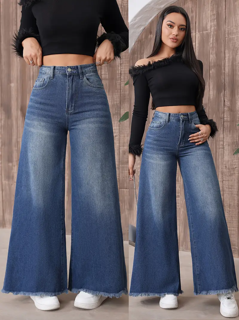 Women’s Black Flared Jeans – High-Waist Wide-Leg Denim with Raw Hem Detail, Non-Stretch Fabric, Stylish Streetwear for All-Season Casual Outfits