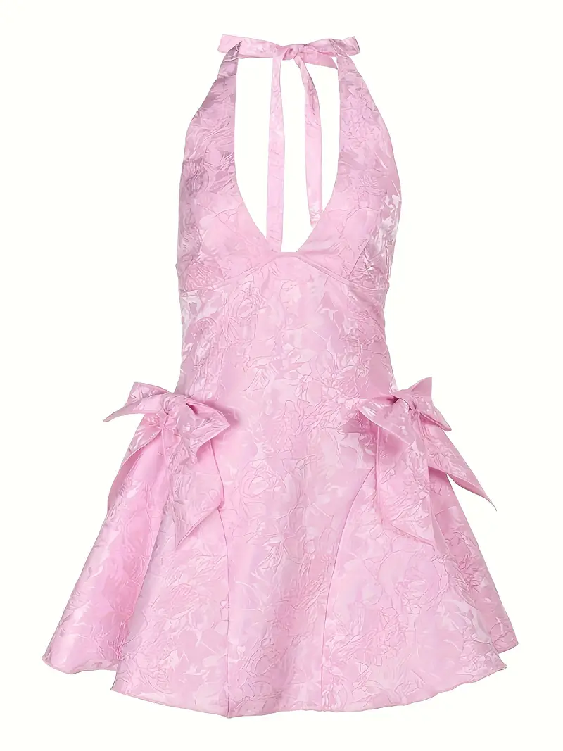 Women’s Elegant Halter Neck V-Cut Dress – Sleeveless Jacquard Evening Gown with Bow Detail, Perfect for Homecoming, Parties & Special Occasions