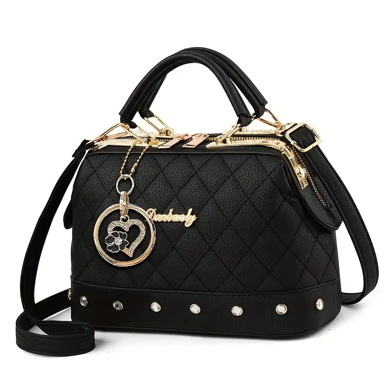 Women’s Black Quilted Boston Bag – Elegant Design with Gold-Tone Hardware, Adjustable Strap, Heart Rhinestone Charm & Stylish Stud Details