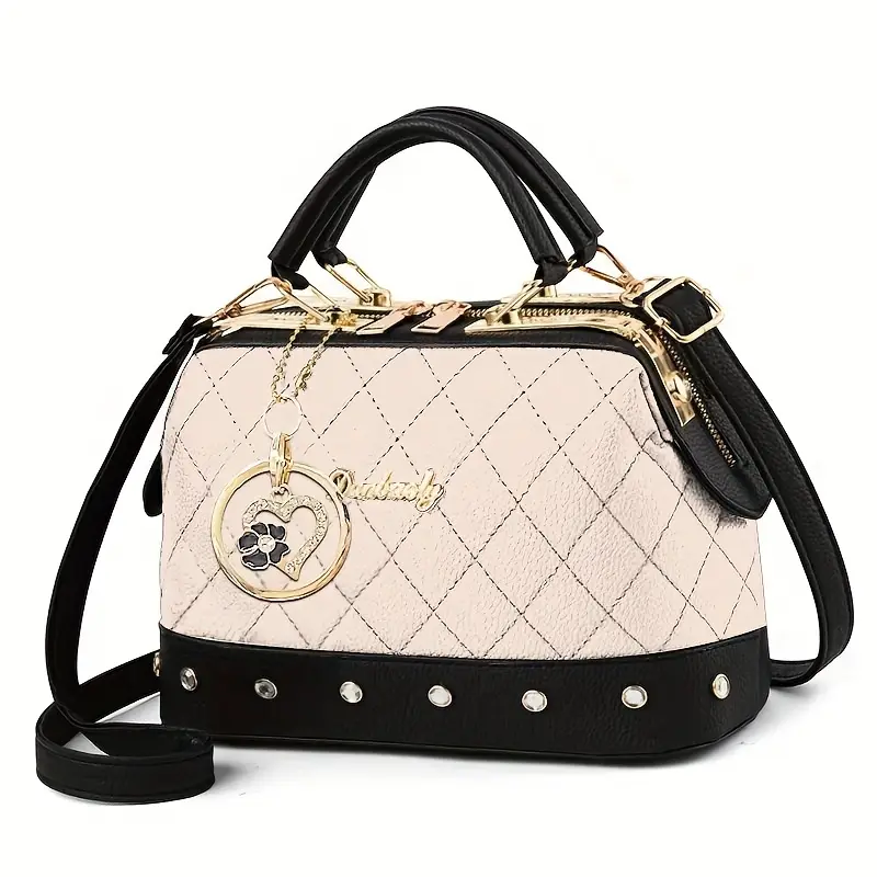 Women’s Black Quilted Boston Bag – Elegant Design with Gold-Tone Hardware, Adjustable Strap, Heart Rhinestone Charm & Stylish Stud Details