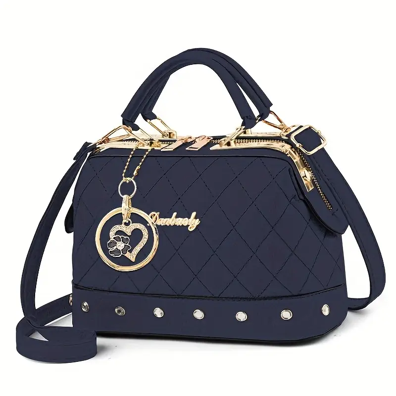 Women’s Black Quilted Boston Bag – Elegant Design with Gold-Tone Hardware, Adjustable Strap, Heart Rhinestone Charm & Stylish Stud Details