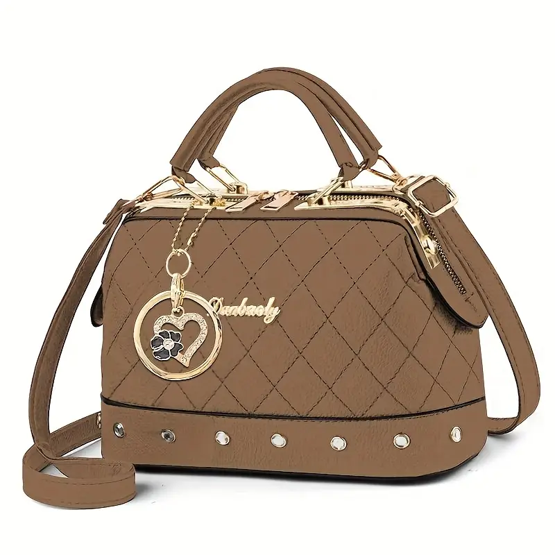 Women’s Black Quilted Boston Bag – Elegant Design with Gold-Tone Hardware, Adjustable Strap, Heart Rhinestone Charm & Stylish Stud Details