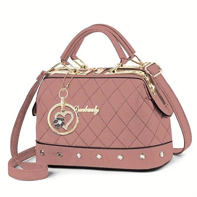 Women’s Black Quilted Boston Bag – Elegant Design with Gold-Tone Hardware, Adjustable Strap, Heart Rhinestone Charm & Stylish Stud Details