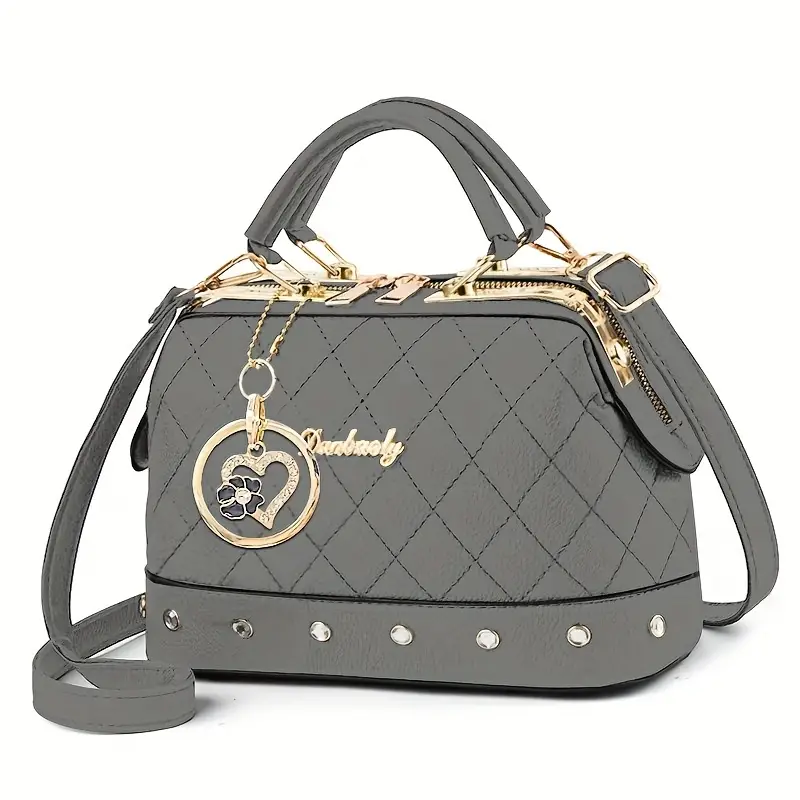 Women’s Black Quilted Boston Bag – Elegant Design with Gold-Tone Hardware, Adjustable Strap, Heart Rhinestone Charm & Stylish Stud Details