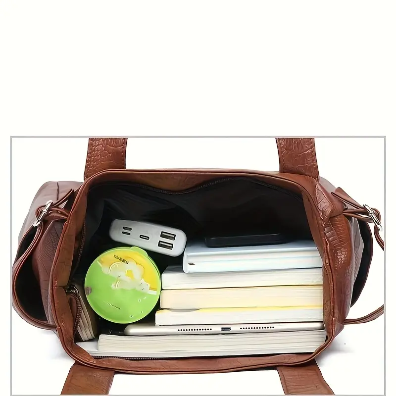 Women’s Crocodile Texture Shoulder Bag – Large Capacity Soft Leather Purse with Adjustable Strap & Zipper Closure, Light Brown/Black Casual Handbag for Everyday Use