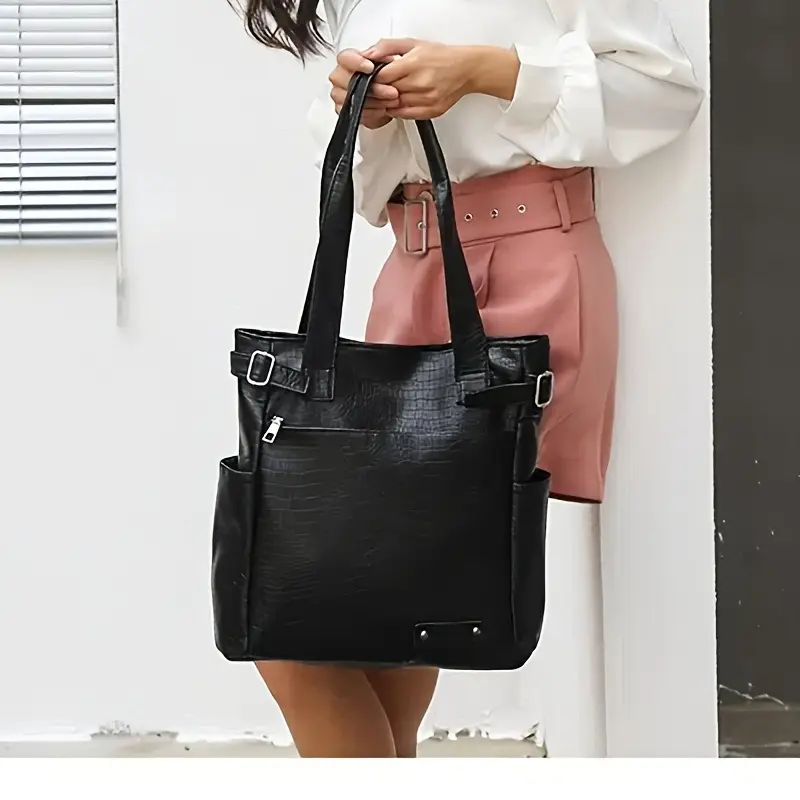 Women’s Crocodile Texture Shoulder Bag – Large Capacity Soft Leather Purse with Adjustable Strap & Zipper Closure, Light Brown/Black Casual Handbag for Everyday Use