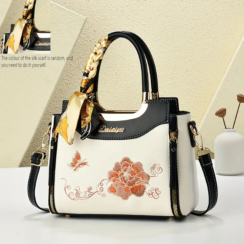 DZY Women’s Large Capacity Floral Tote Bag – Elegant White & Green Embroidered Handbag with Adjustable Strap & Zipper Closure, Perfect for Work, Travel & Everyday Use