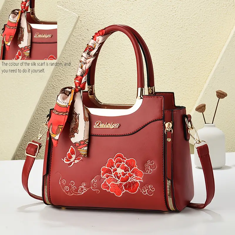 DZY Women’s Large Capacity Floral Tote Bag – Elegant White & Green Embroidered Handbag with Adjustable Strap & Zipper Closure, Perfect for Work, Travel & Everyday Use