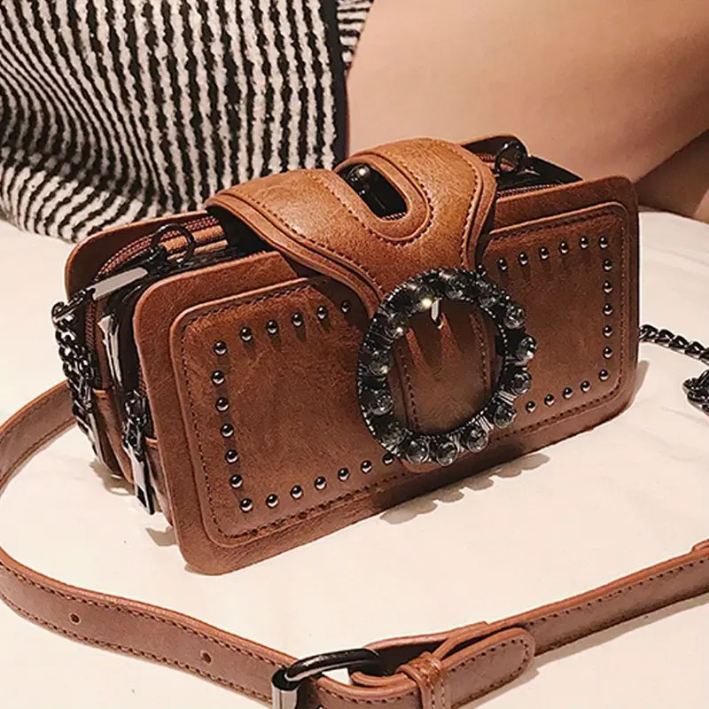 Women’s Retro Rivet Motorcycle Clutch Bag – Black Chain Shoulder Purse, Multi-Layer Small Square Phone Bag